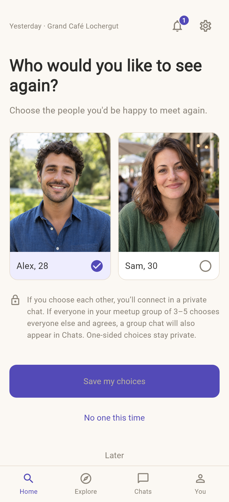 Sawa private feedback preview: choosing a sample person to meet again