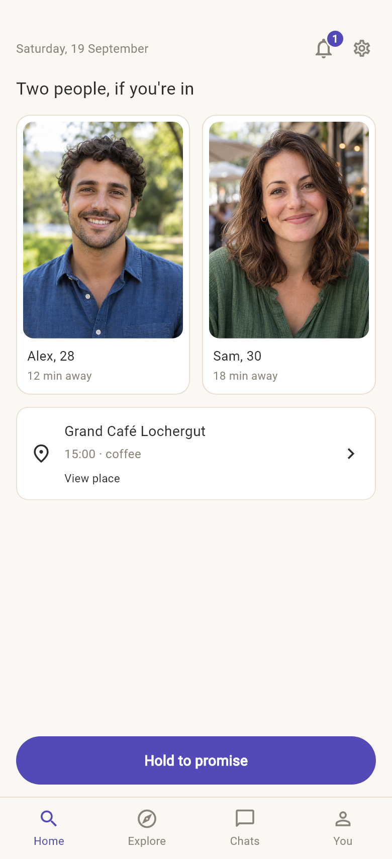 Sawa app preview: meet Alex and Sam for coffee, with a place, time and Hold to promise button