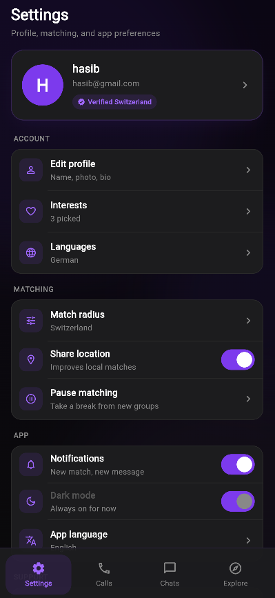 Sawa settings with Verified Switzerland badge