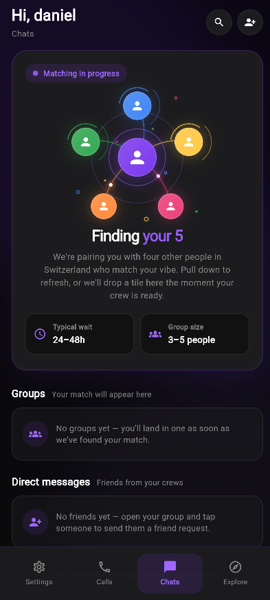 Groups of 5 — matched by interests, city and language