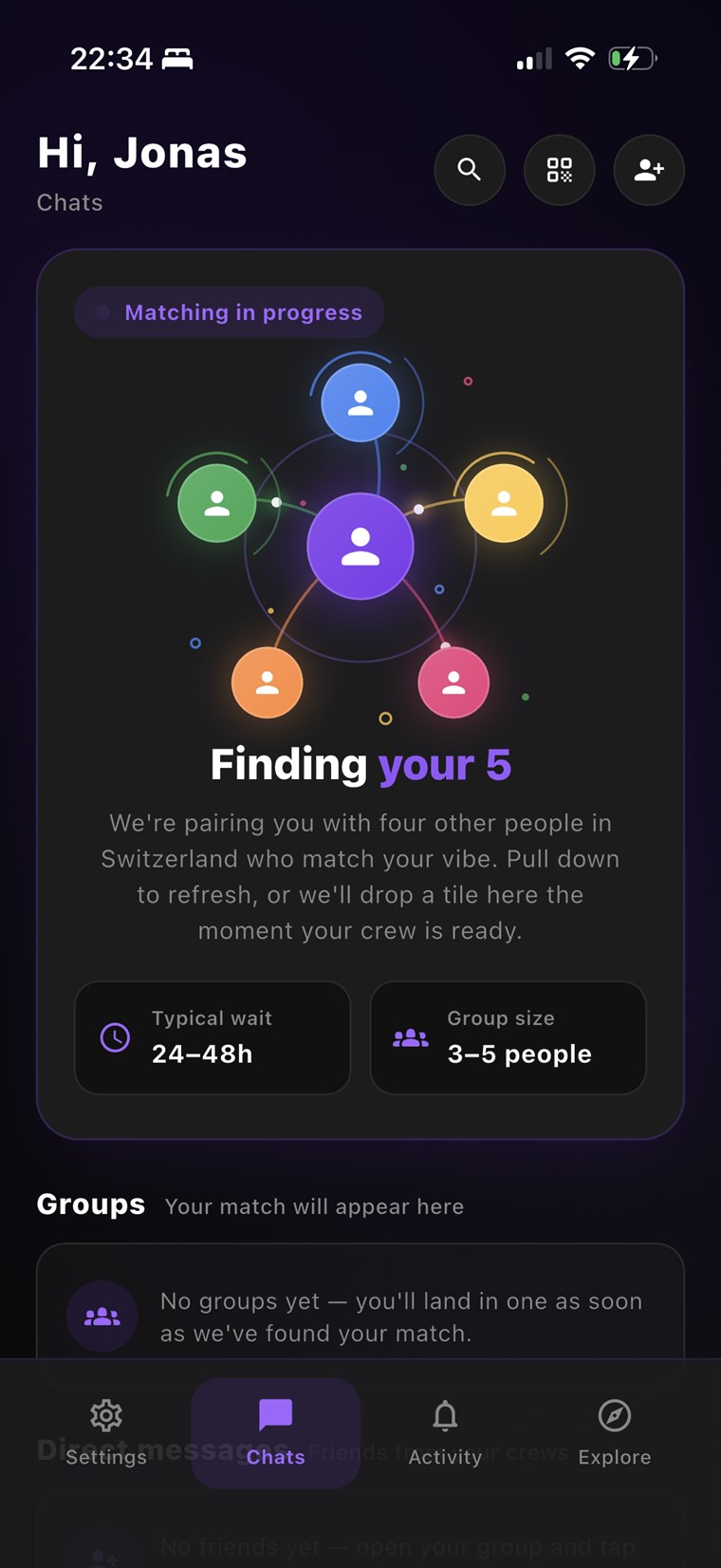 Sawa matching screen — finding your group of 5