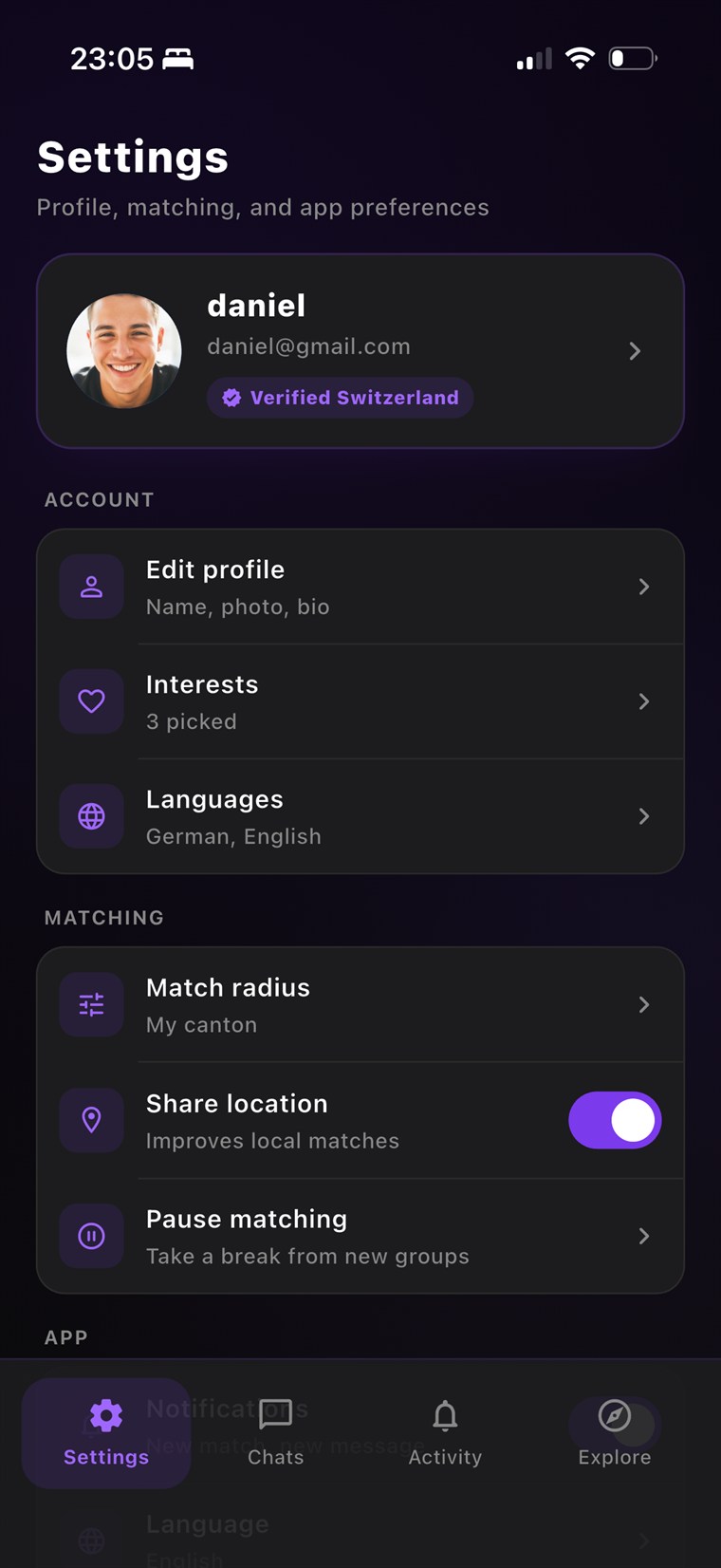 Sawa settings with Verified Switzerland badge
