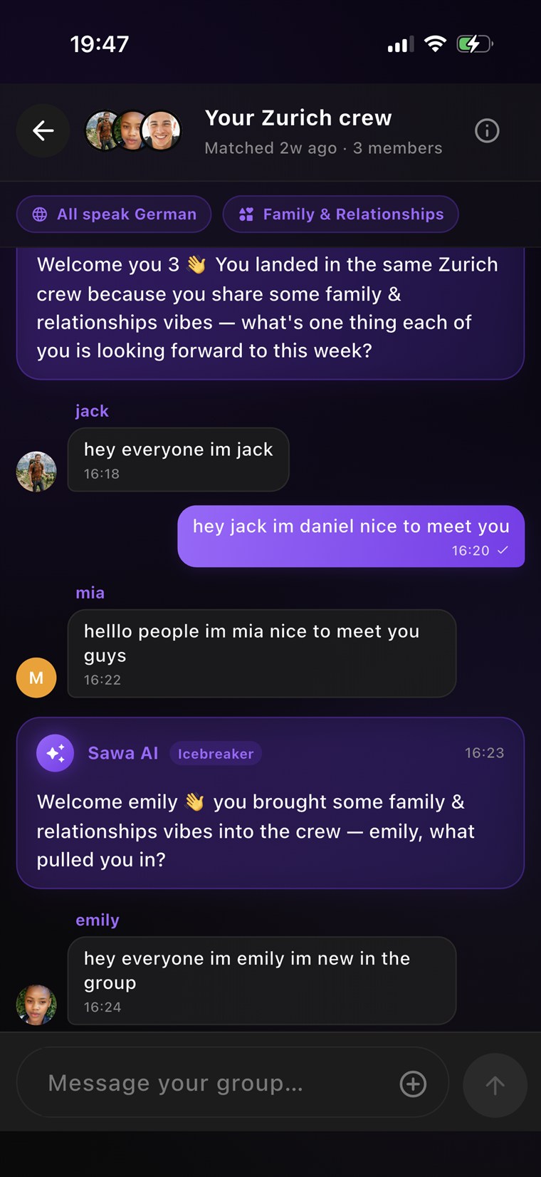 Sawa group chat with AI icebreaker
