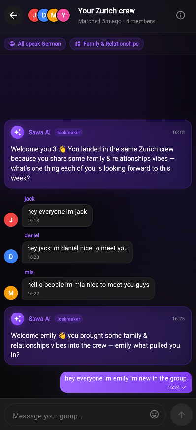Sawa group chat with AI icebreaker